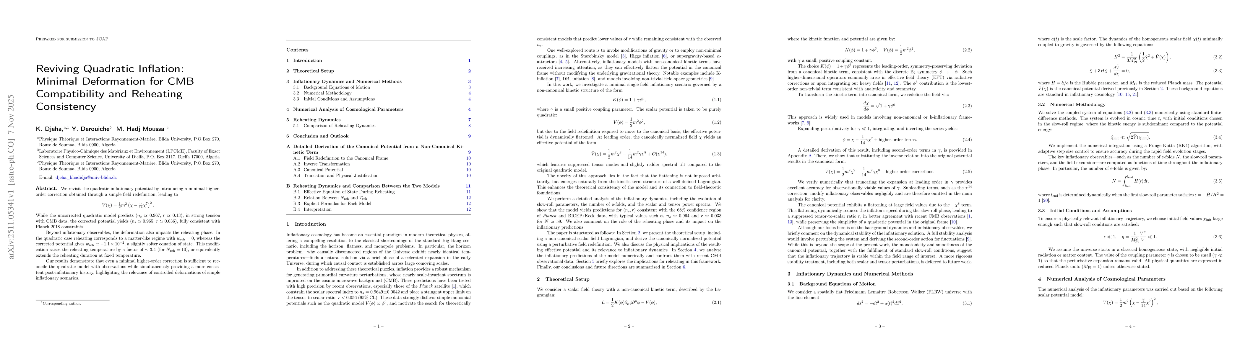 Thumbnail for Reviving Quadratic Inflation: Minimal Deformation for CMB Compatibility and Reheating Consistency