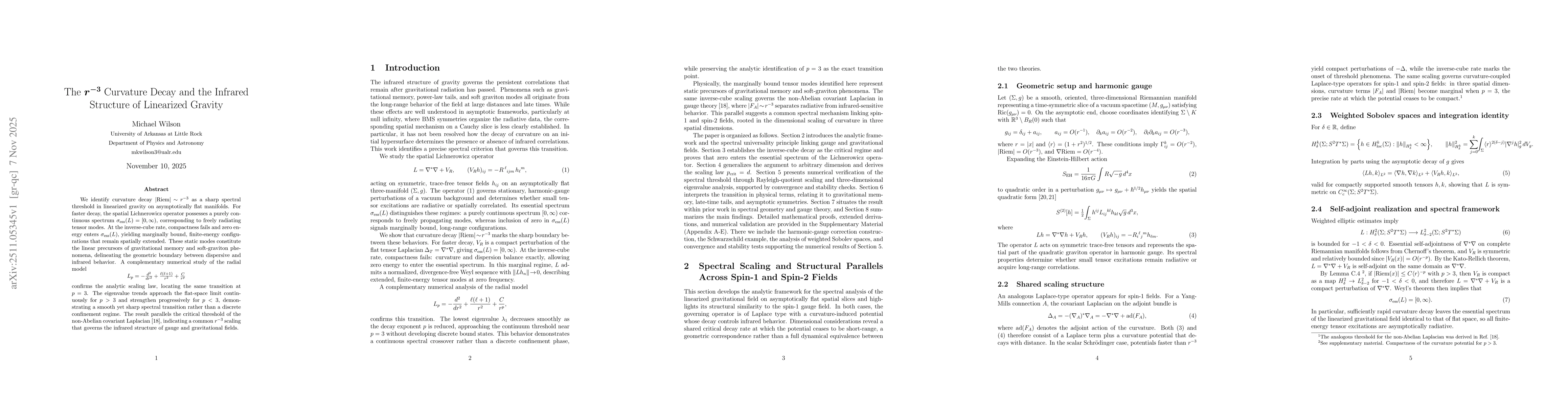 Thumbnail for The $\boldsymbol{r^{-3}}$ Curvature Decay and the Infrared Structure of Linearized Gravity