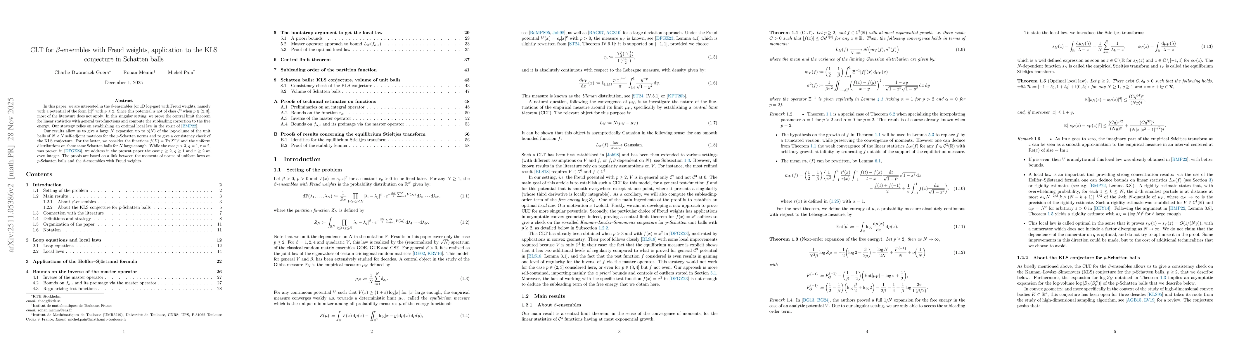 Thumbnail for CLT for $β$-ensembles with Freud weights, application to the KLS conjecture in Schatten balls