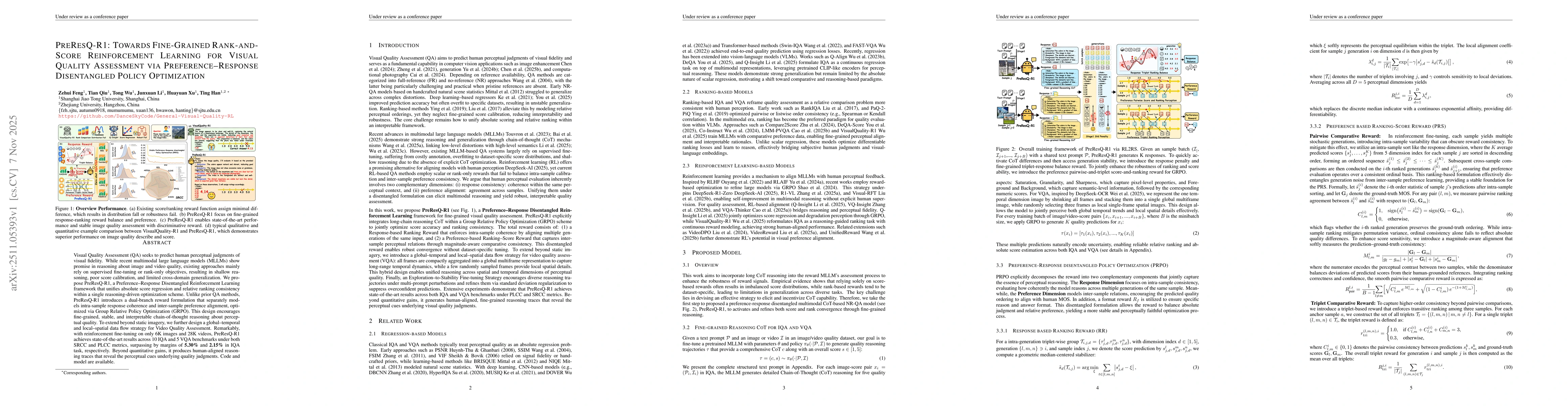 Thumbnail for PreResQ-R1: Towards Fine-Grained Rank-and-Score Reinforcement Learning for Visual Quality Assessment via Preference-Response Disentangled Policy Optimization