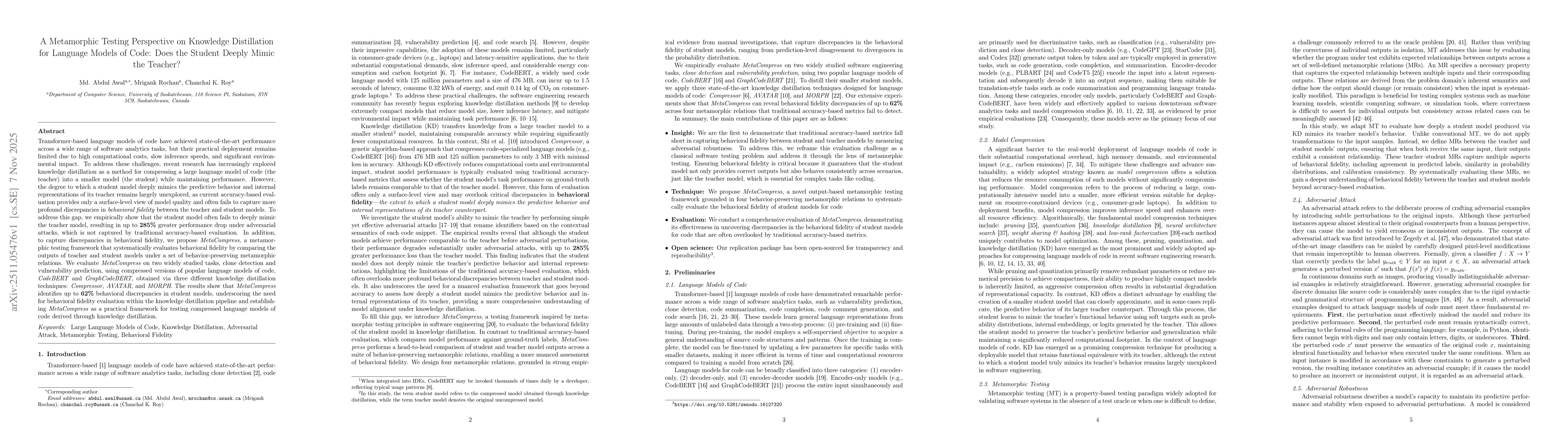 Thumbnail for A Metamorphic Testing Perspective on Knowledge Distillation for Language Models of Code: Does the Student Deeply Mimic the Teacher?