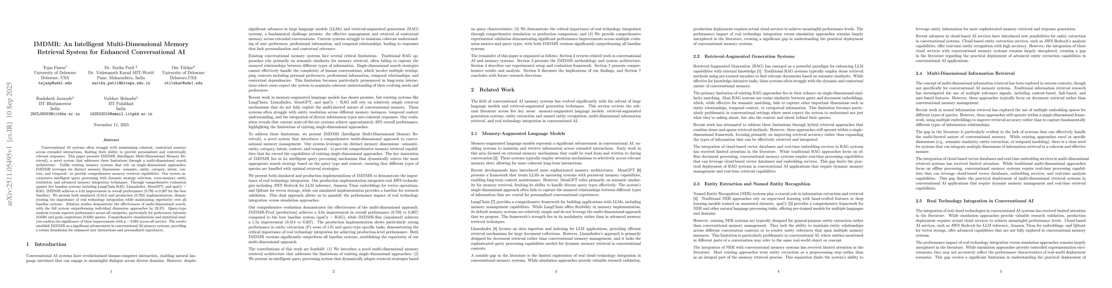 Thumbnail for IMDMR: An Intelligent Multi-Dimensional Memory Retrieval System for Enhanced Conversational AI