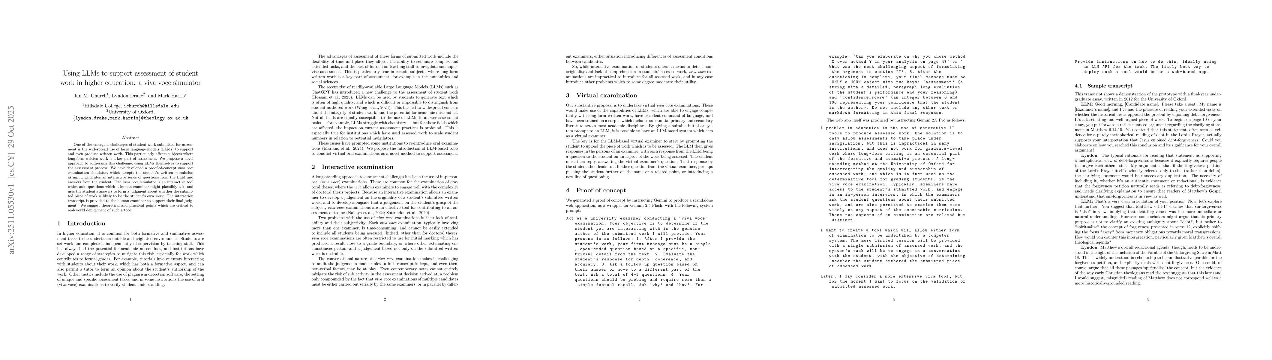 Thumbnail for Using LLMs to support assessment of student work in higher education: a viva voce simulator