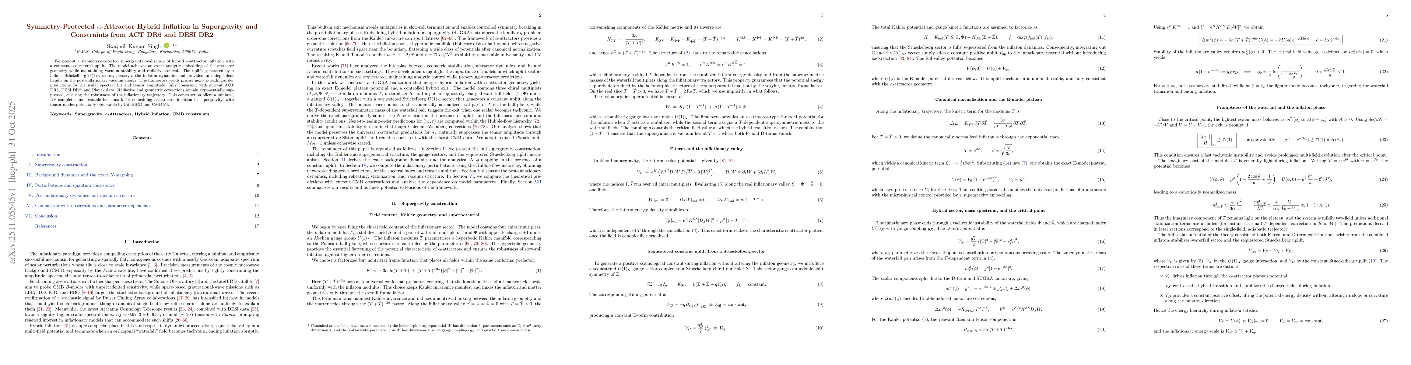Thumbnail for Symmetry-Protected $α$-Attractor Hybrid Inflation in Supergravity and Constraints from ACT DR6 and DESI DR2