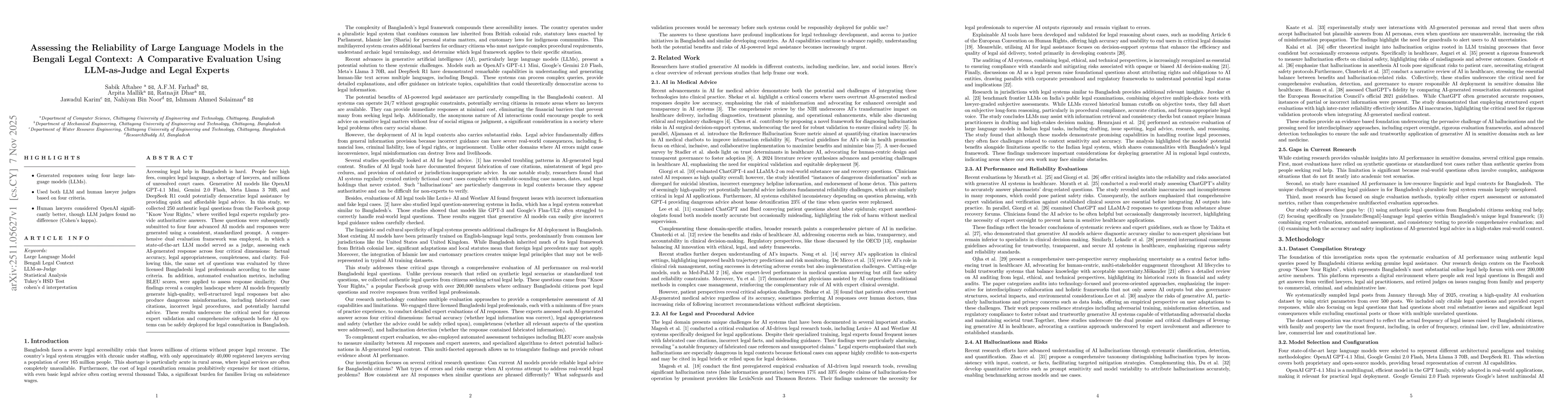 Thumbnail for Assessing the Reliability of Large Language Models in the Bengali Legal Context: A Comparative Evaluation Using LLM-as-Judge and Legal Experts