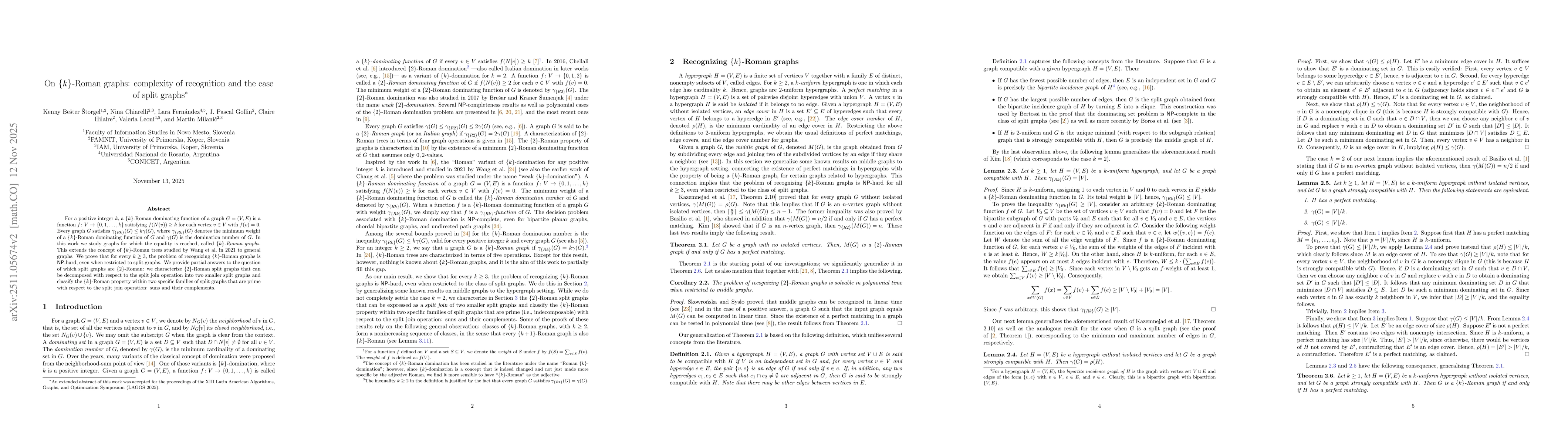 Thumbnail for On $\{k\}$-Roman graphs: complexity of recognition and the case of split graphs