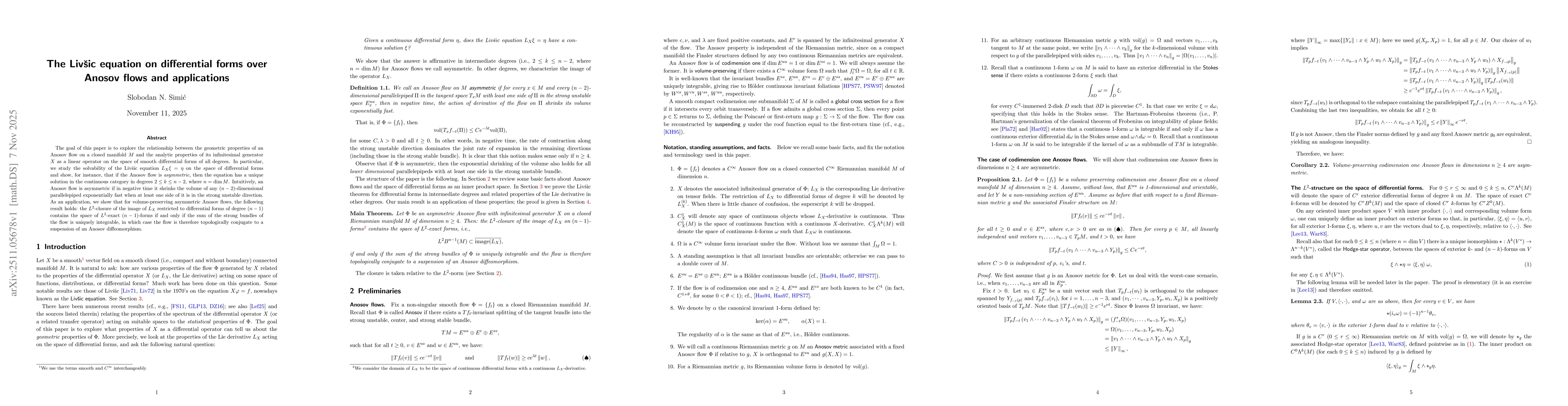 Thumbnail for The Livšic equation on differential forms over Anosov flows and applications