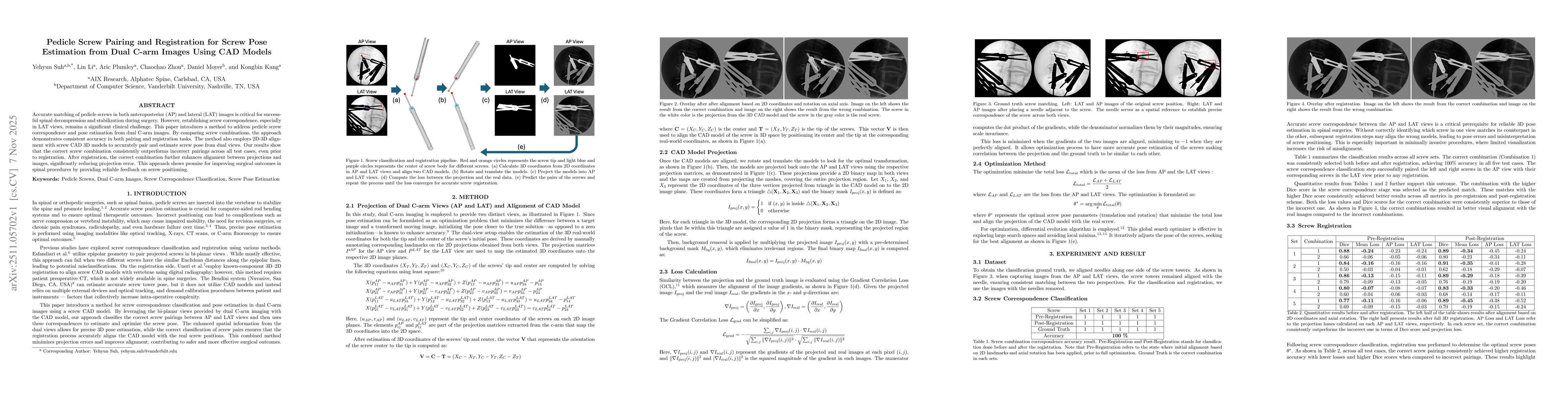 Thumbnail for Pedicle Screw Pairing and Registration for Screw Pose Estimation from Dual C-arm Images Using CAD Models