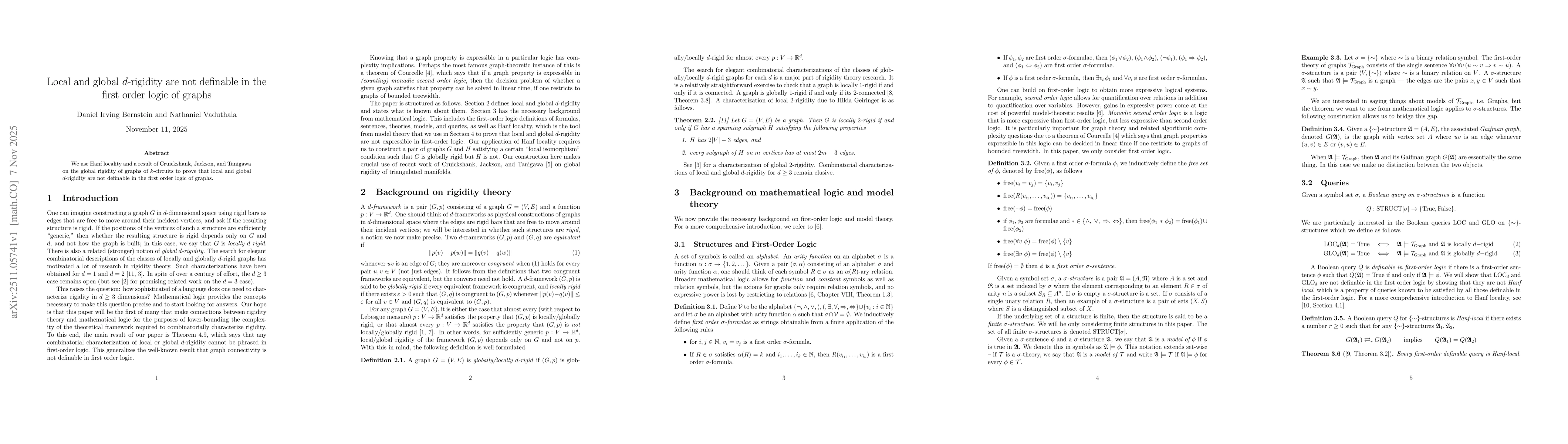 Thumbnail for Local and global $d$-rigidity are not definable in the first order logic of graphs