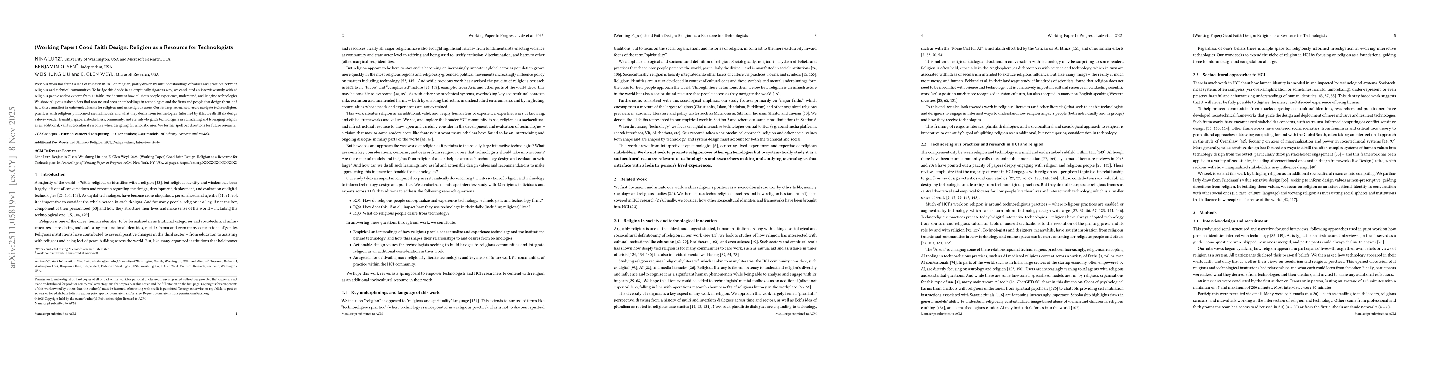 Thumbnail for (Working Paper) Good Faith Design: Religion as a Resource for Technologists