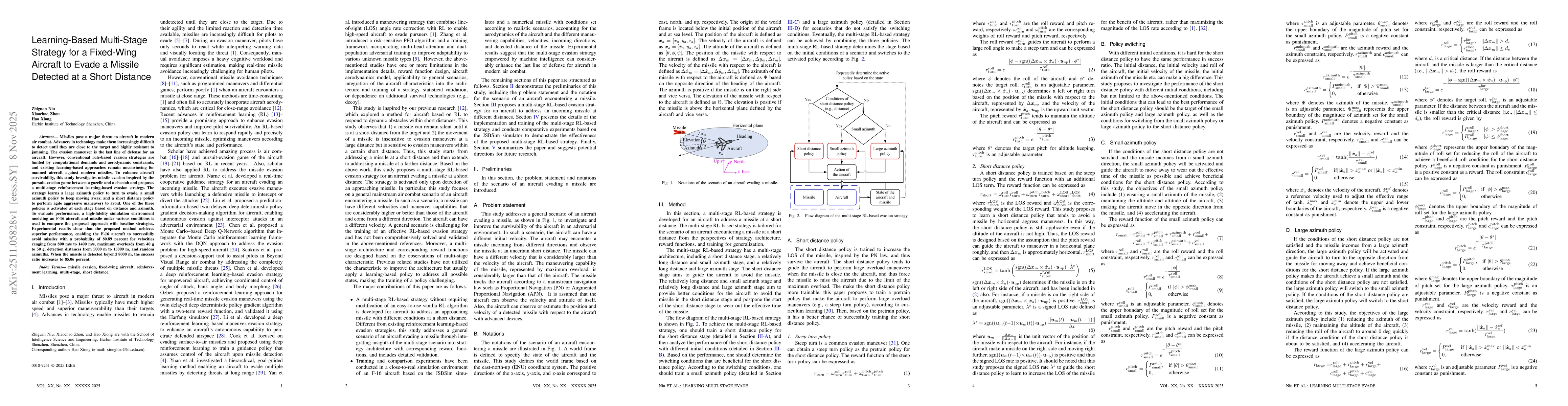 Thumbnail for Learning-Based Multi-Stage Strategy for a Fixed-Wing Aircraft to Evade a Missile Detected at a Short Distance