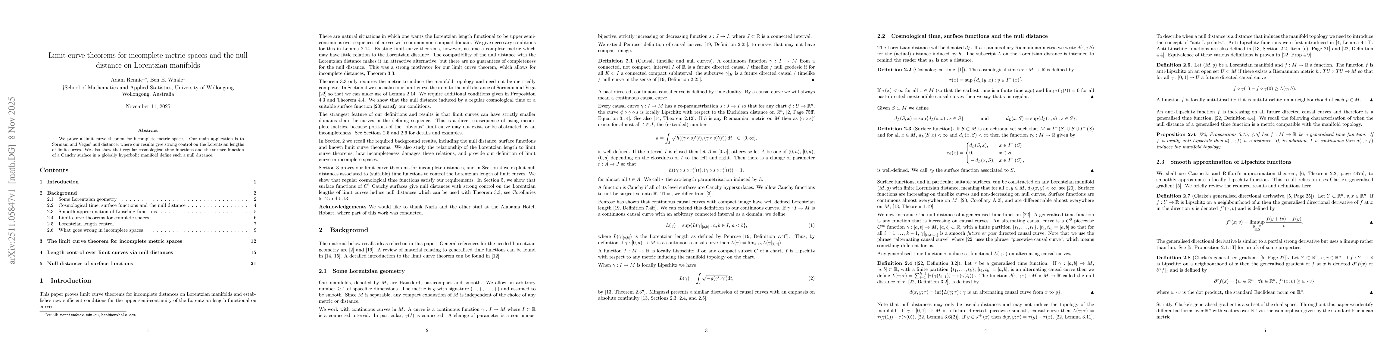 Thumbnail for Limit curve theorems for incomplete metric spaces and the null distance on Lorentzian manifolds