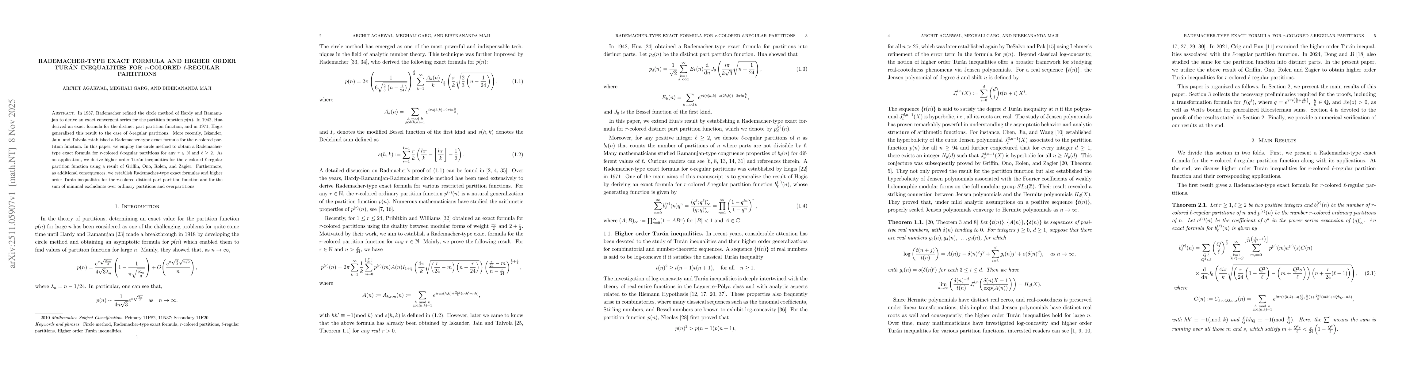 Thumbnail for Rademacher-type exact formula and higher order Turán inequalities for $r$-colored $\ell$-regular partitions