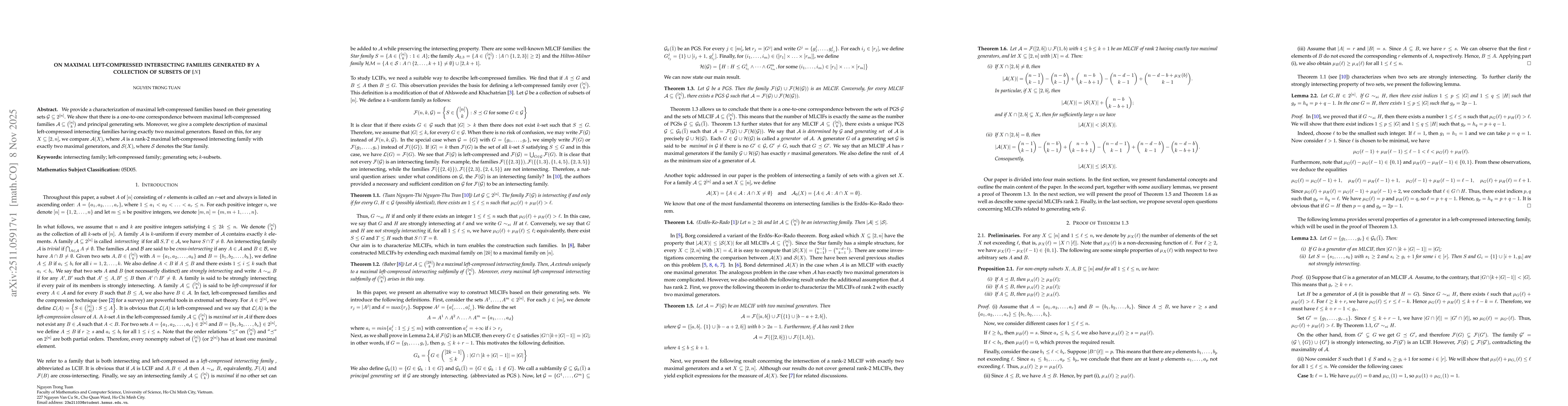 Thumbnail for On Maximal Left-Compressed Intersecting Families Generated by a Collection of Subsets of [$n$]
