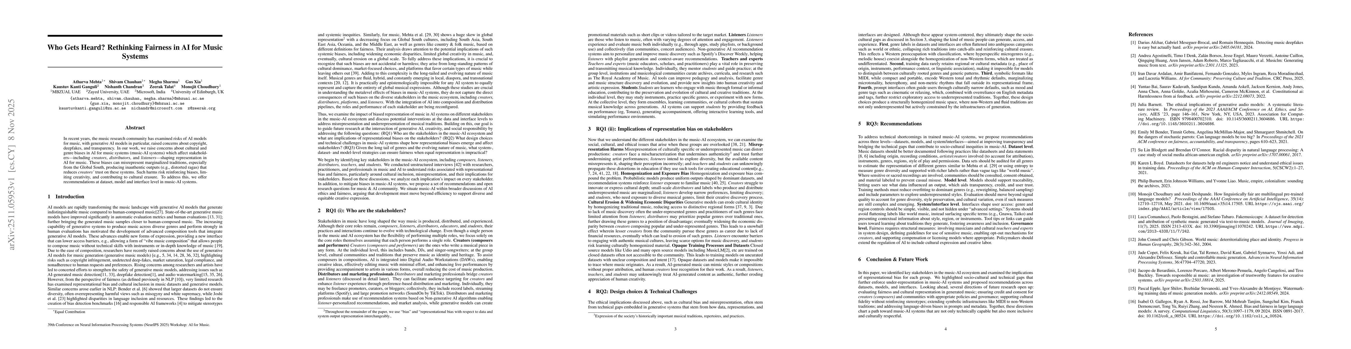 Thumbnail for Who Gets Heard? Rethinking Fairness in AI for Music Systems