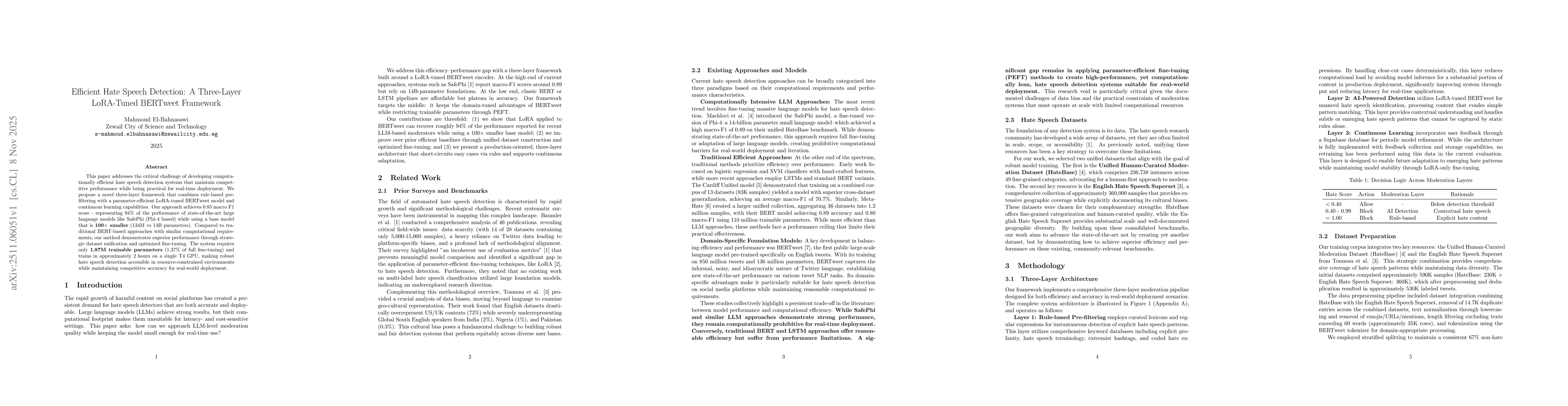 Thumbnail for Efficient Hate Speech Detection: A Three-Layer LoRA-Tuned BERTweet Framework