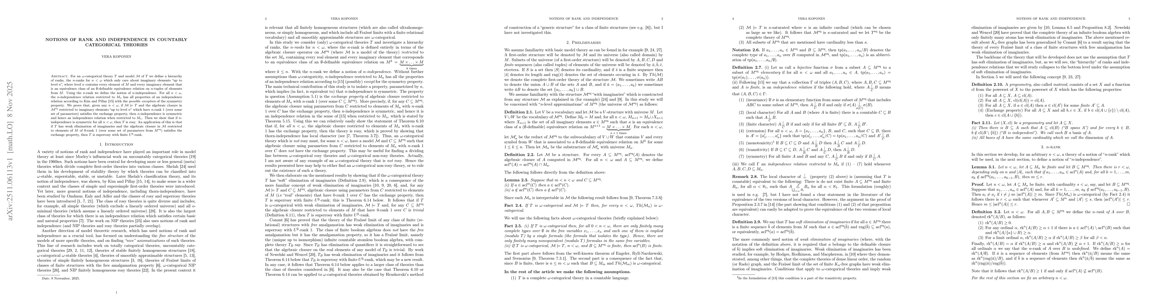 Thumbnail for Notions of rank and independence in countably categorical theories