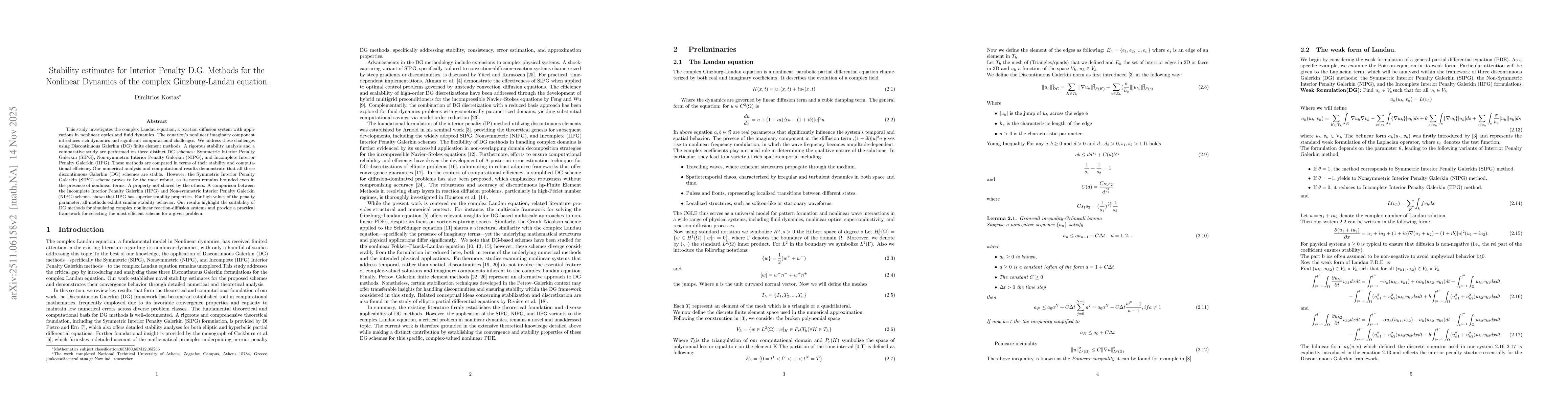 Thumbnail for Stability estimates for Interior Penalty D.G. Methods for the Nonlinear Dynamics of the complex Ginzburg Landau equation