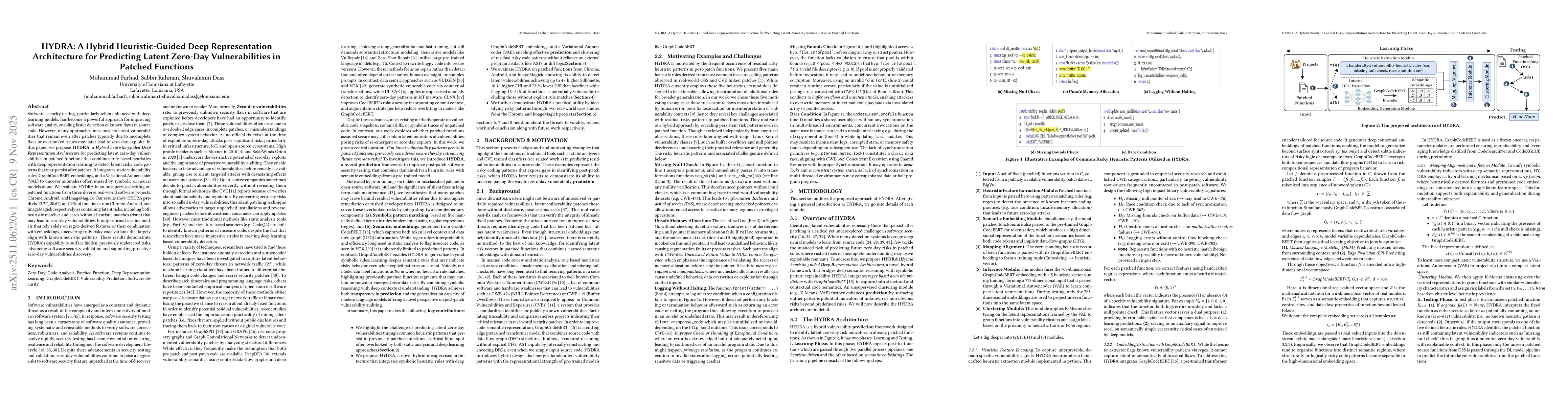 Thumbnail for HYDRA: A Hybrid Heuristic-Guided Deep Representation Architecture for Predicting Latent Zero-Day Vulnerabilities in Patched Functions