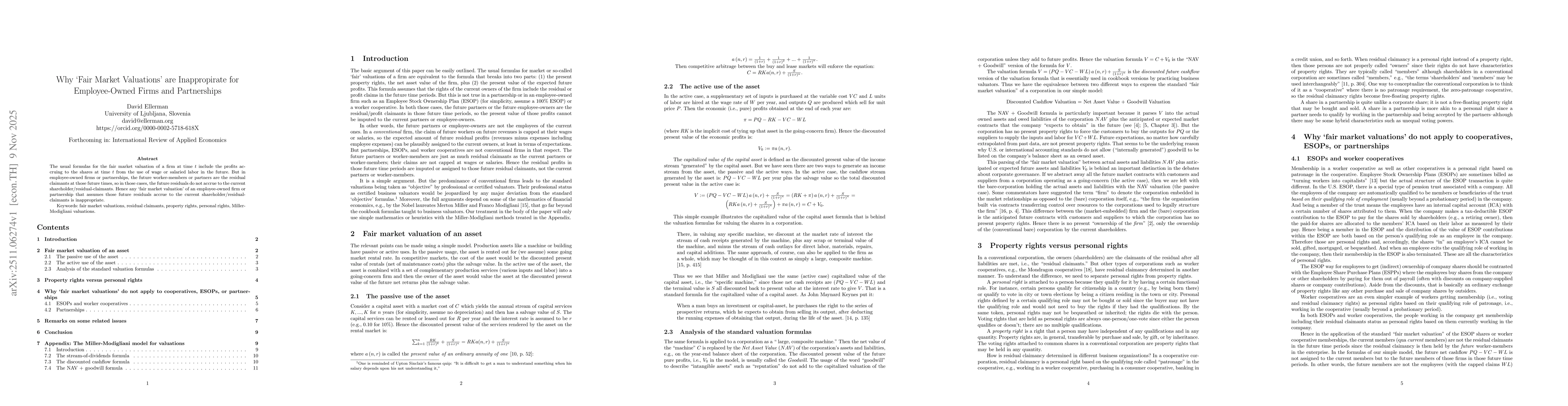 Thumbnail for Why `Fair Market Valuations' are Inappropirate for Employee-Owned Firms and Partnerships