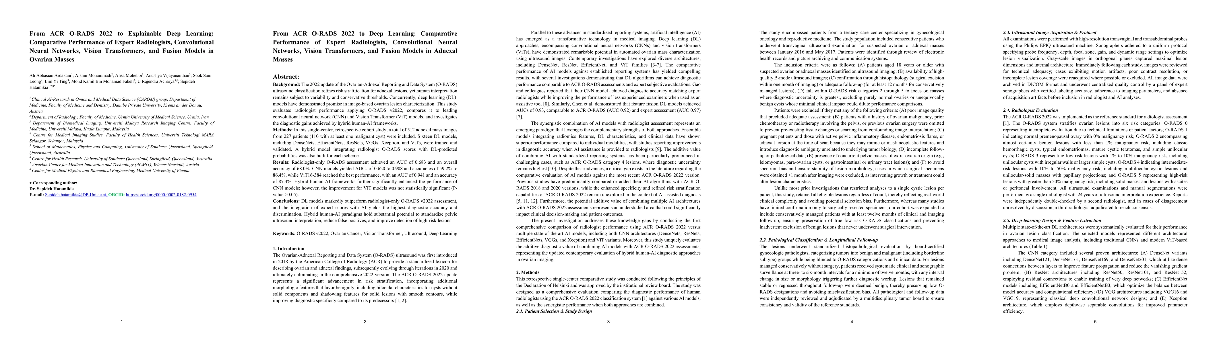Thumbnail for From ACR O-RADS 2022 to Explainable Deep Learning: Comparative Performance of Expert Radiologists, Convolutional Neural Networks, Vision Transformers, and Fusion Models in Ovarian Masses
