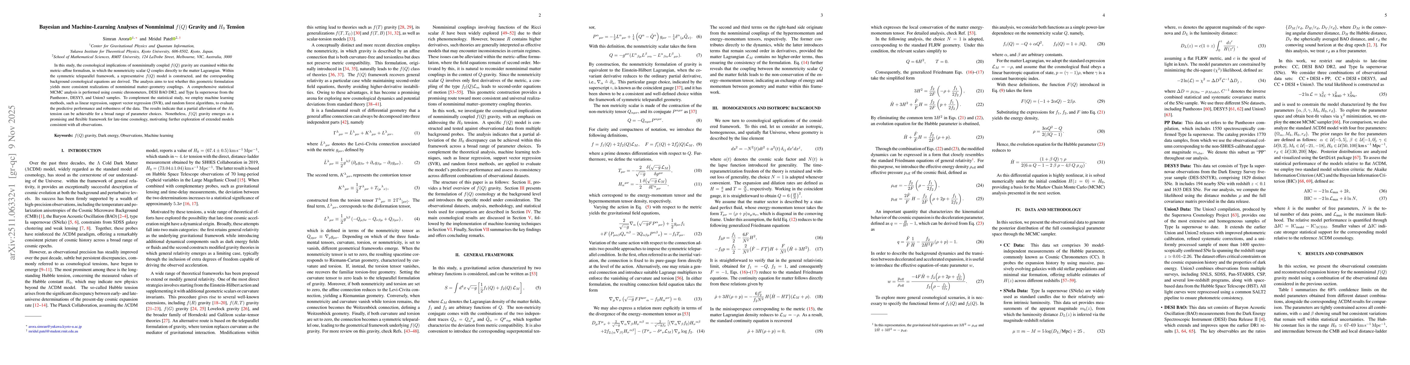 Thumbnail for Bayesian and Machine-Learning Analyses of Nonminimal $f(Q)$ Gravity and $H_0$ Tension