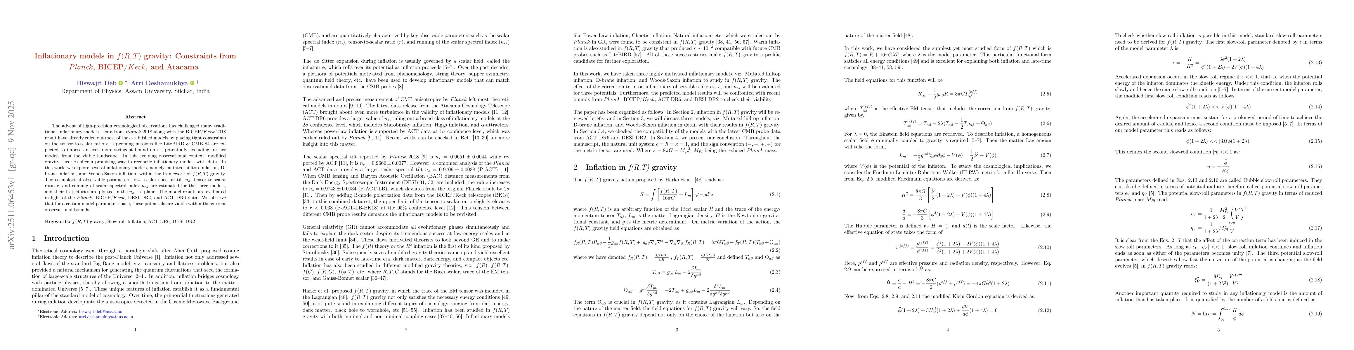 Thumbnail for Inflationary models in $f(R,T)$ gravity: Constraints from $Planck$, BICEP/$Keck$, and Atacama