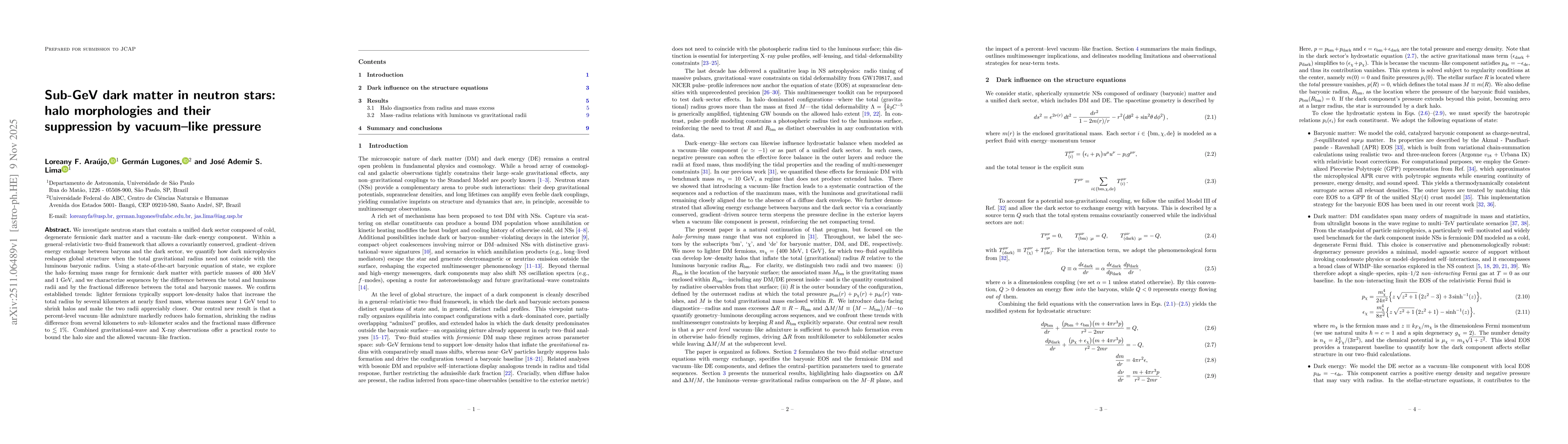 Thumbnail for Sub-GeV dark matter in neutron stars: halo morphologies and their suppression by vacuum-like pressure