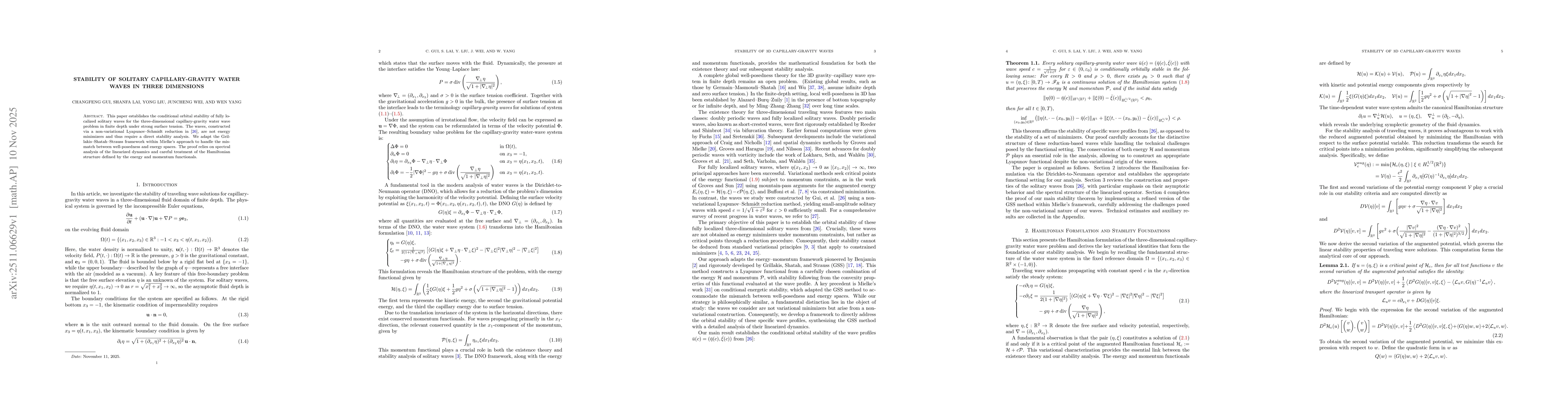 Thumbnail for Stability of Solitary Capillary-Gravity Water Waves in Three Dimensions