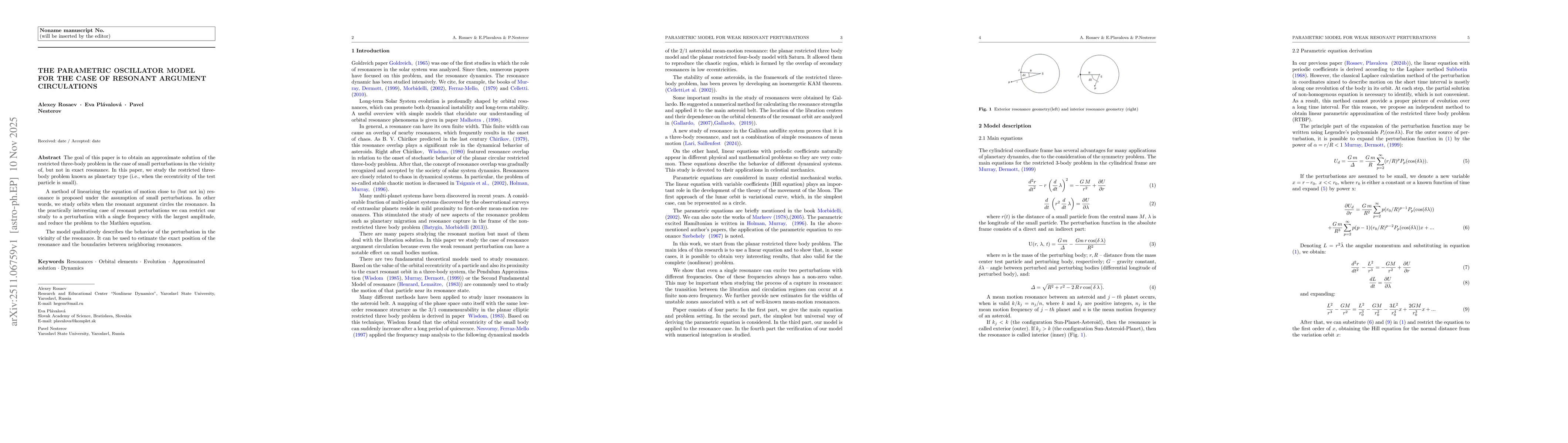 Thumbnail for The parametric oscillator model for the case of resonant argument circulations