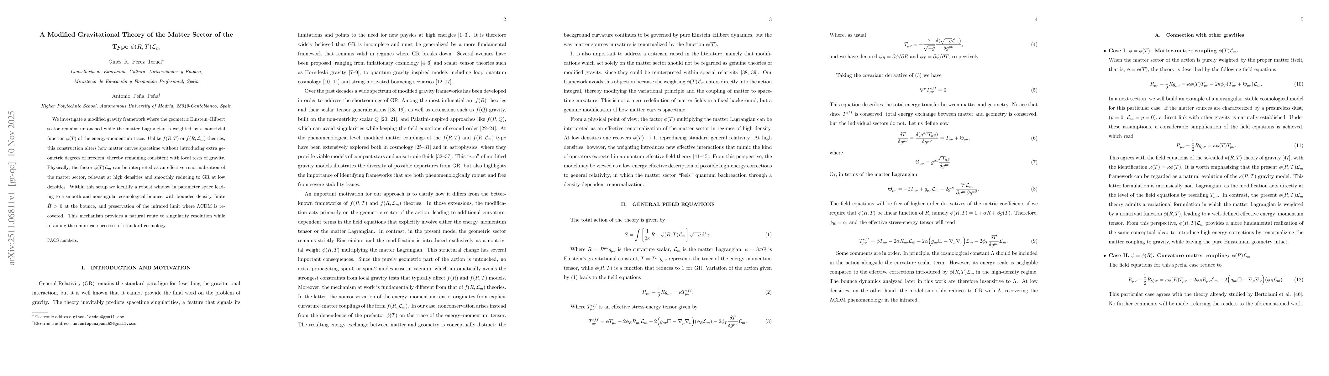 Thumbnail for A Modified Gravitational Theory of the Matter Sector of the Type $φ(R,T)\mathcal{L}_{m}$