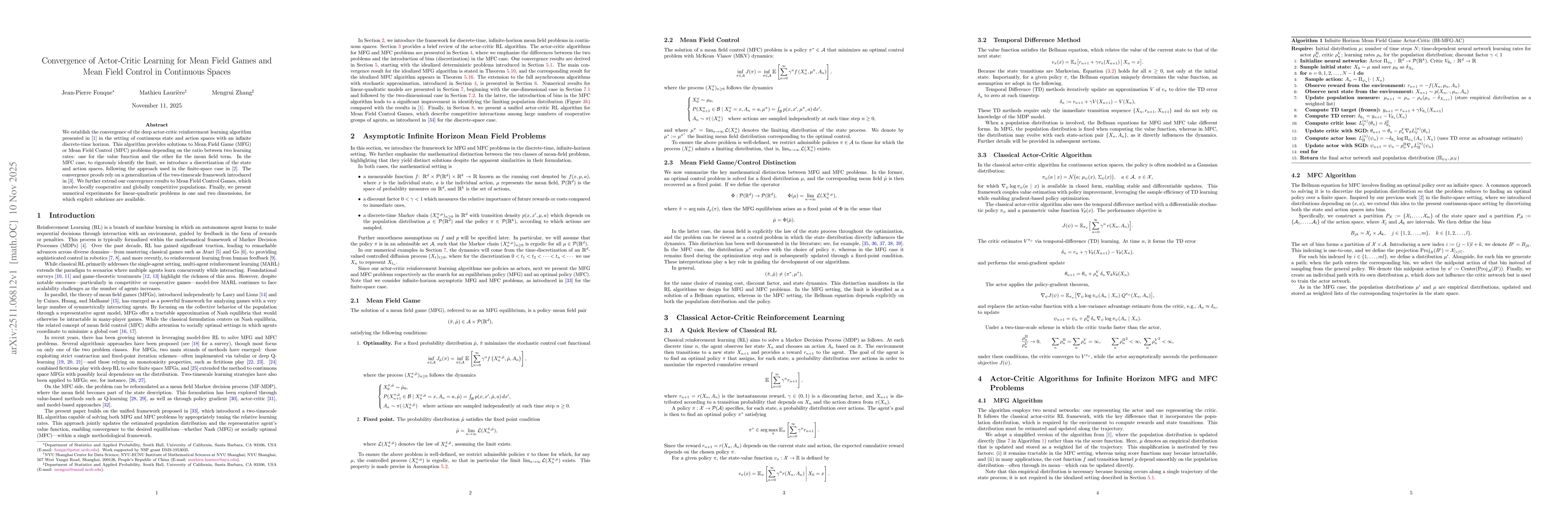 Thumbnail for Convergence of Actor-Critic Learning for Mean Field Games and Mean Field Control in Continuous Spaces