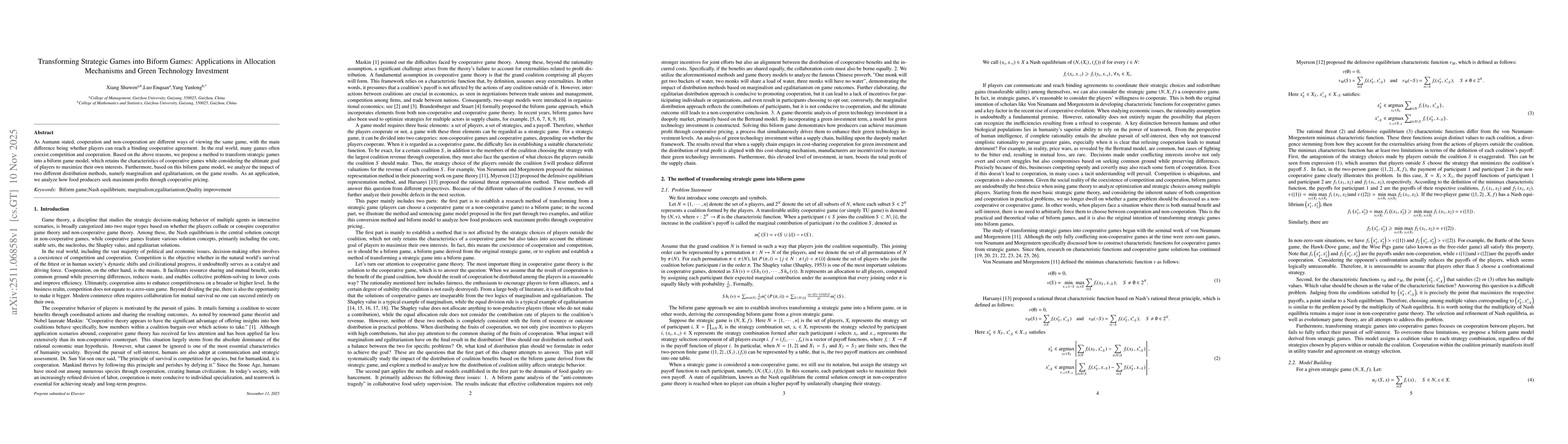 Thumbnail for Transforming Strategic Games into Biform Games: Applications in Allocation Mechanisms and Green Technology Investment