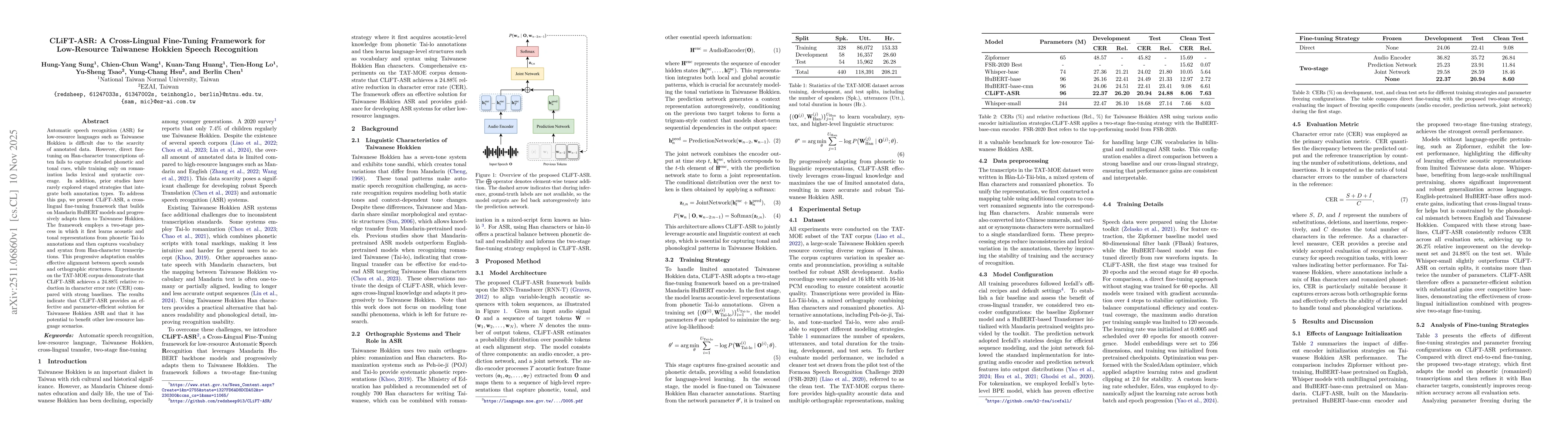 Thumbnail for CLiFT-ASR: A Cross-Lingual Fine-Tuning Framework for Low-Resource Taiwanese Hokkien Speech Recognition