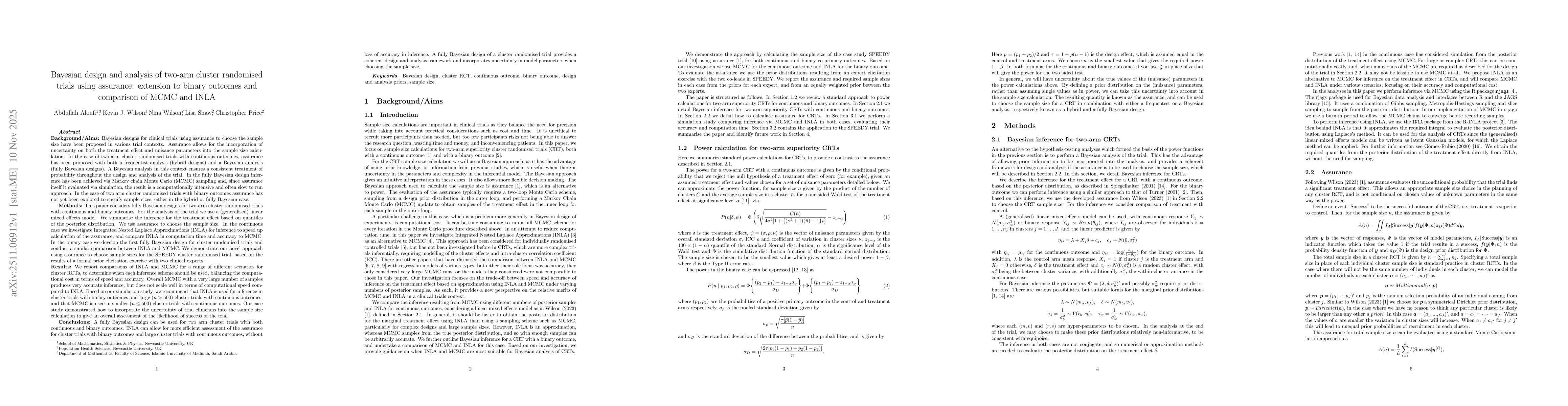 Thumbnail for Bayesian design and analysis of two-arm cluster randomised trials using assurance: extension to binary outcomes and comparison of MCMC and INLA