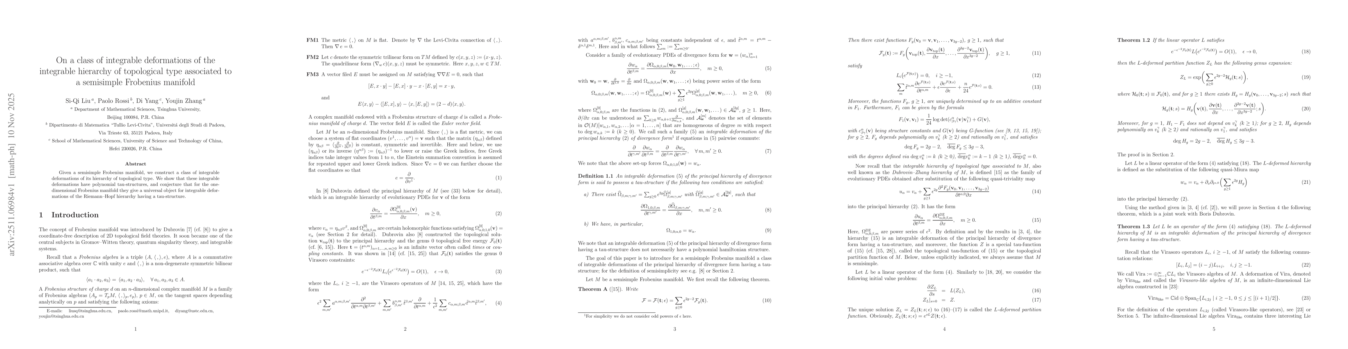 Thumbnail for On a class of integrable deformations of the integrable hierarchy of topological type associated to a semisimple Frobenius manifold
