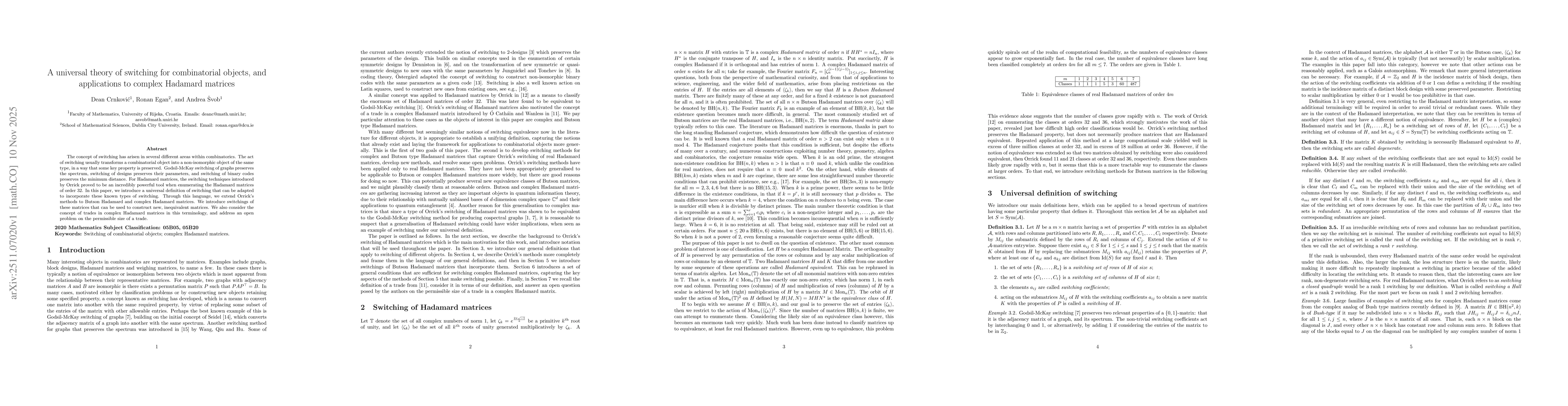 Thumbnail for A universal theory of switching for combinatorial objects, and applications to complex Hadamard matrices