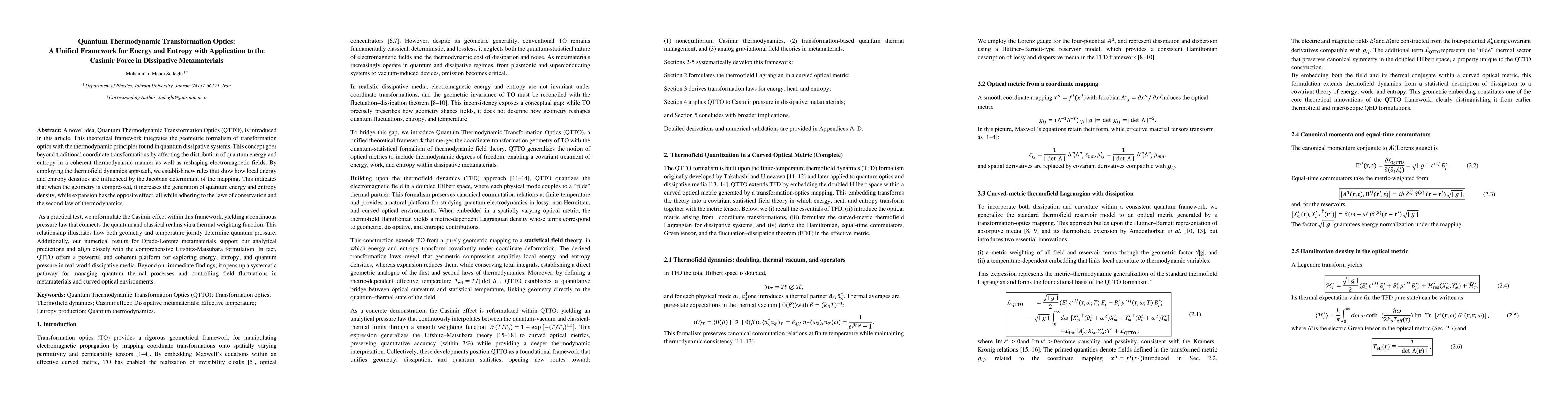 Thumbnail for Quantum Thermodynamic Transformation Optics: A Unified Framework for Energy and Entropy with Application to the Casimir Force in Dissipative Metamaterials