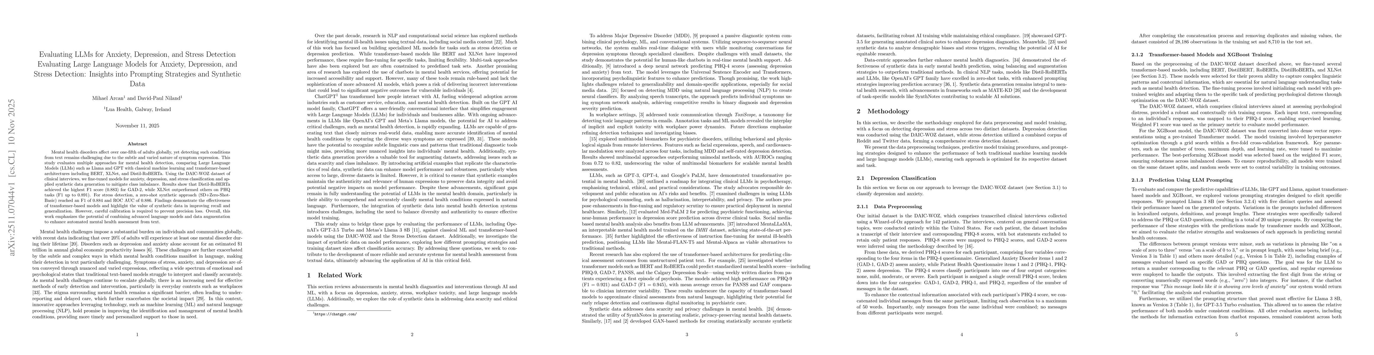 Thumbnail for Evaluating LLMs for Anxiety, Depression, and Stress Detection Evaluating Large Language Models for Anxiety, Depression, and Stress Detection: Insights into Prompting Strategies and Synthetic Data