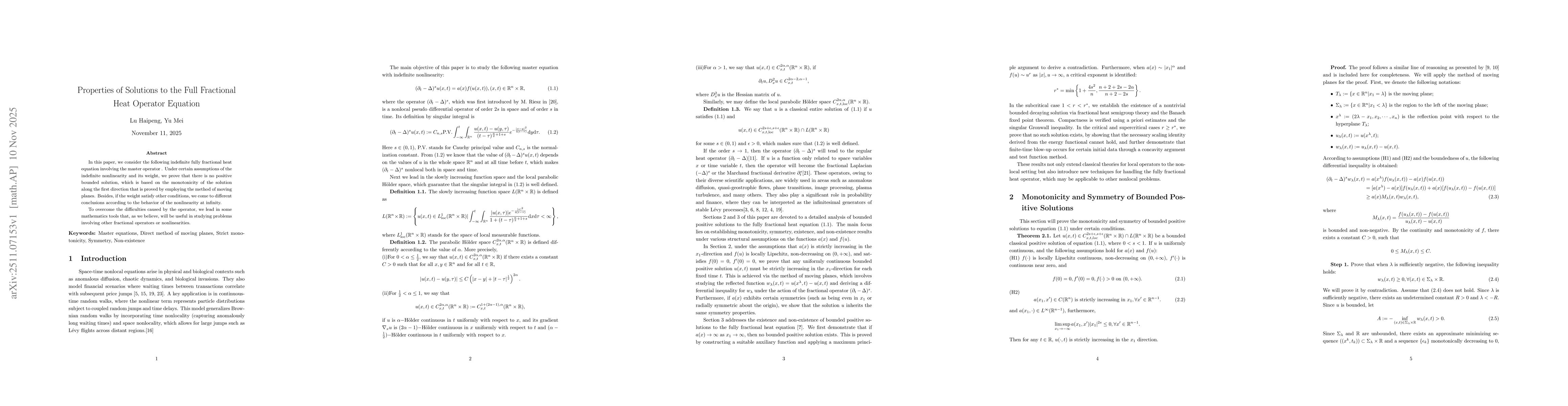 Thumbnail for Properties of Solutions to the Full Fractional Heat Operator Equation