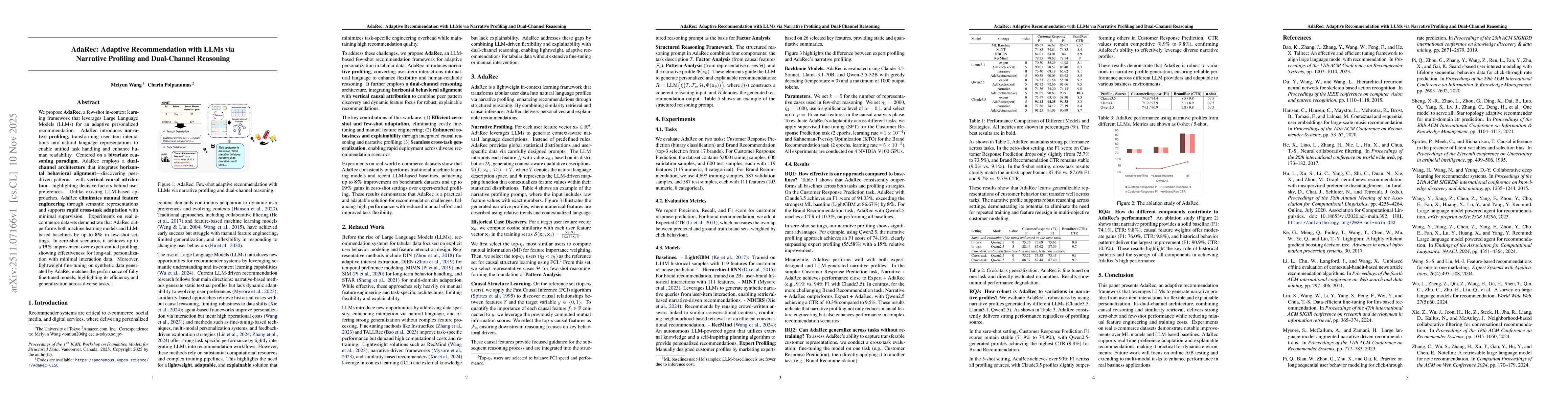 Thumbnail for AdaRec: Adaptive Recommendation with LLMs via Narrative Profiling and Dual-Channel Reasoning