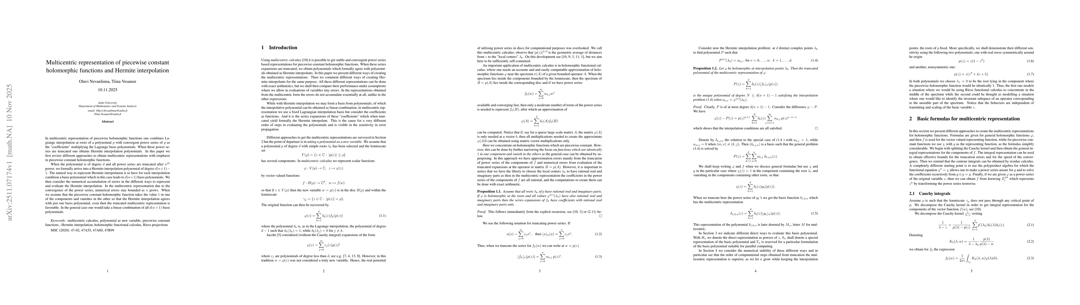 Thumbnail for Multicentric representation of piecewise constant holomorphic functions and Hermite interpolation