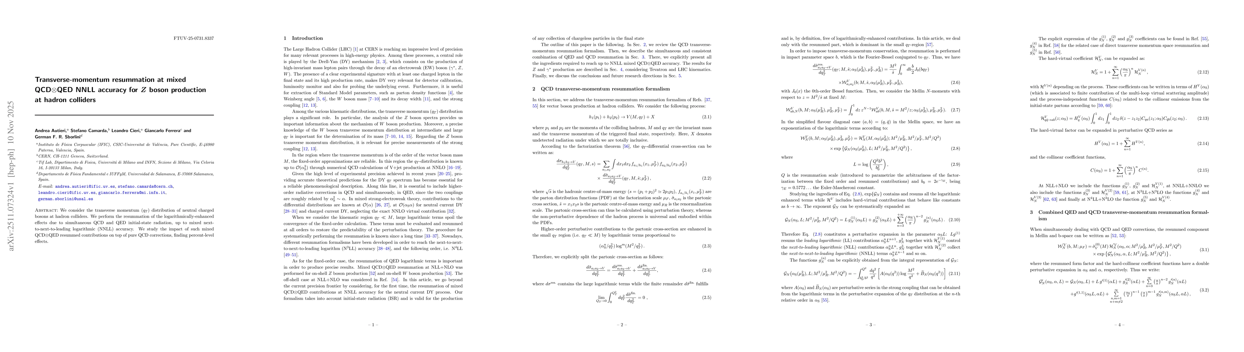 Thumbnail for Transverse-momentum resummation at mixed QCD$\otimes$QED NNLL accuracy for Z boson production at hadron colliders