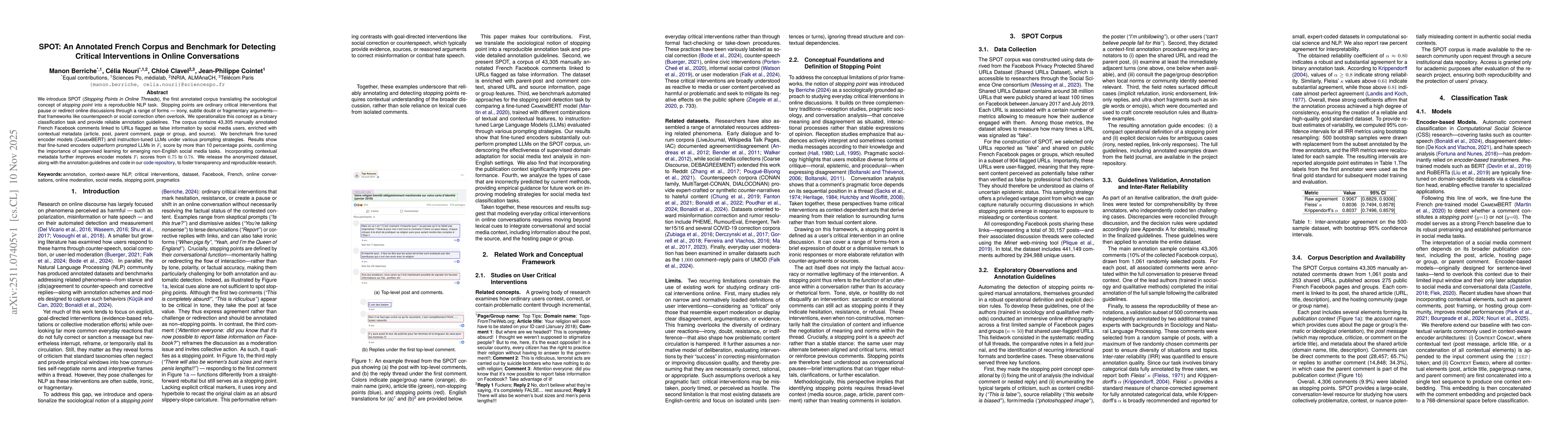 Thumbnail for SPOT: An Annotated French Corpus and Benchmark for Detecting Critical Interventions in Online Conversations