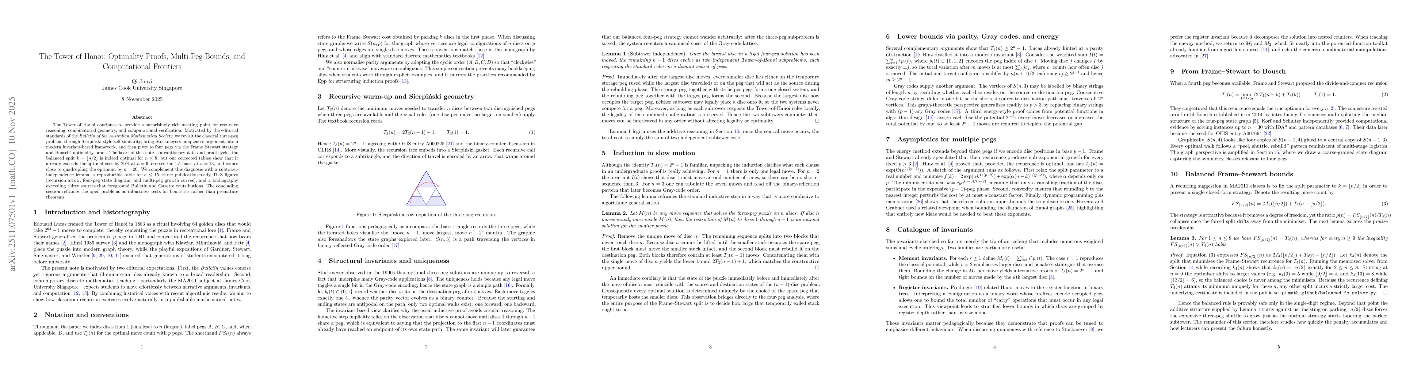 Thumbnail for The Tower of Hanoi: Optimality Proofs, Multi-Peg Bounds, and Computational Frontiers