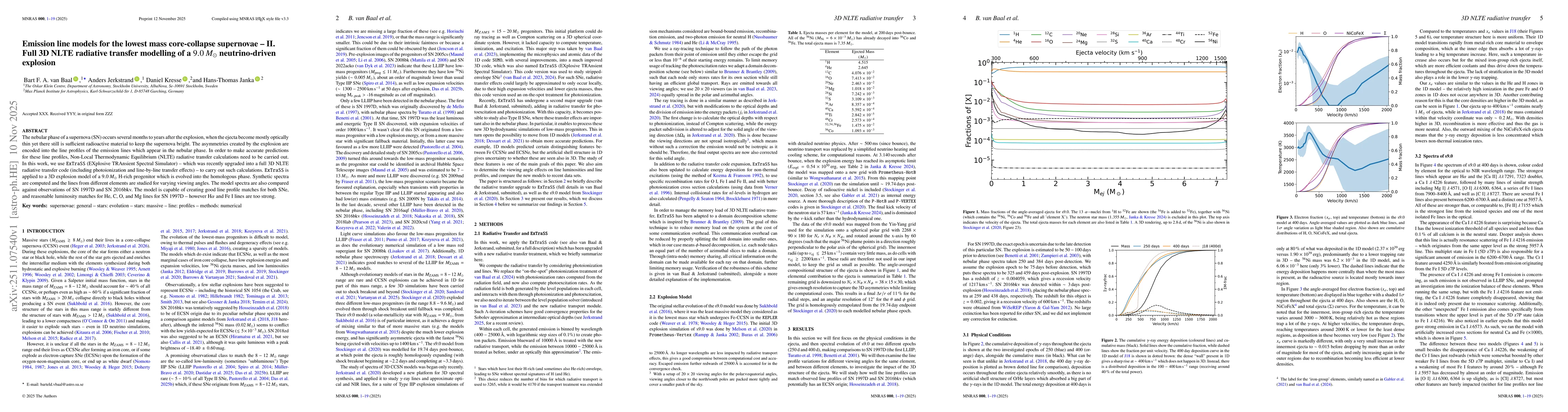 Thumbnail for Emission line models for the lowest mass core-collapse supernovae -- II. Full 3D NLTE radiative transfer modelling of a $9.0\,M_\odot$ neutrino-driven explosion
