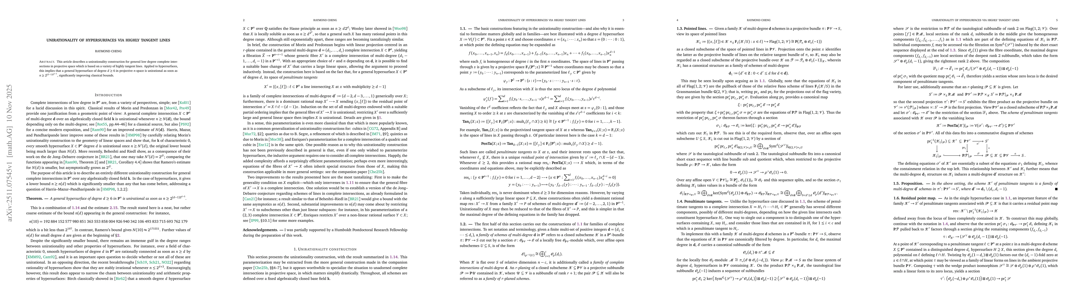 Thumbnail for Unirationality of hypersurfaces via highly tangent lines