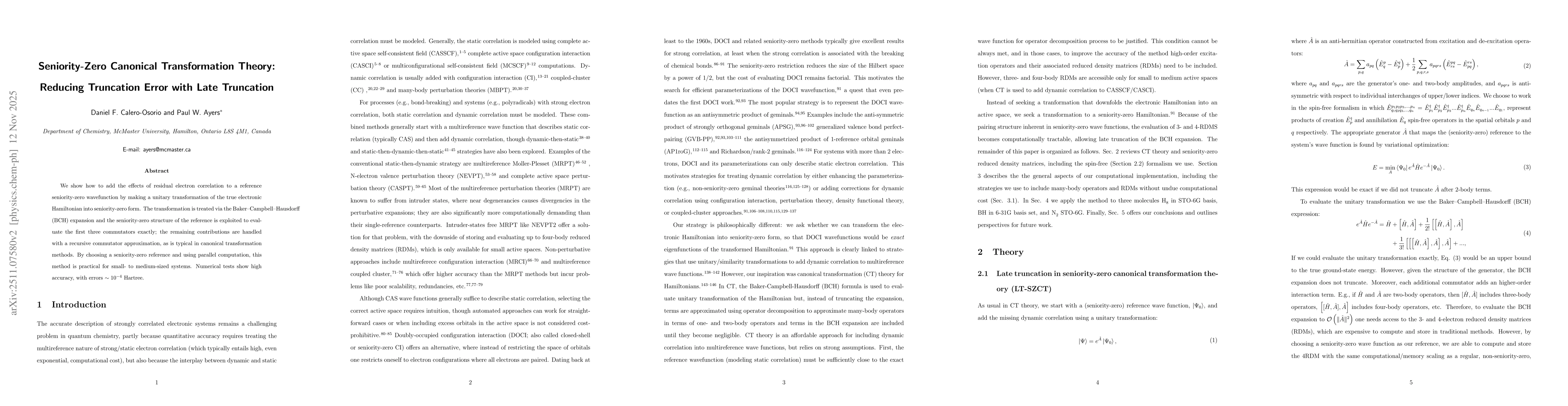 Thumbnail for Seniority-Zero Canonical Transformation Theory: Reducing Truncation Error with Late Truncation