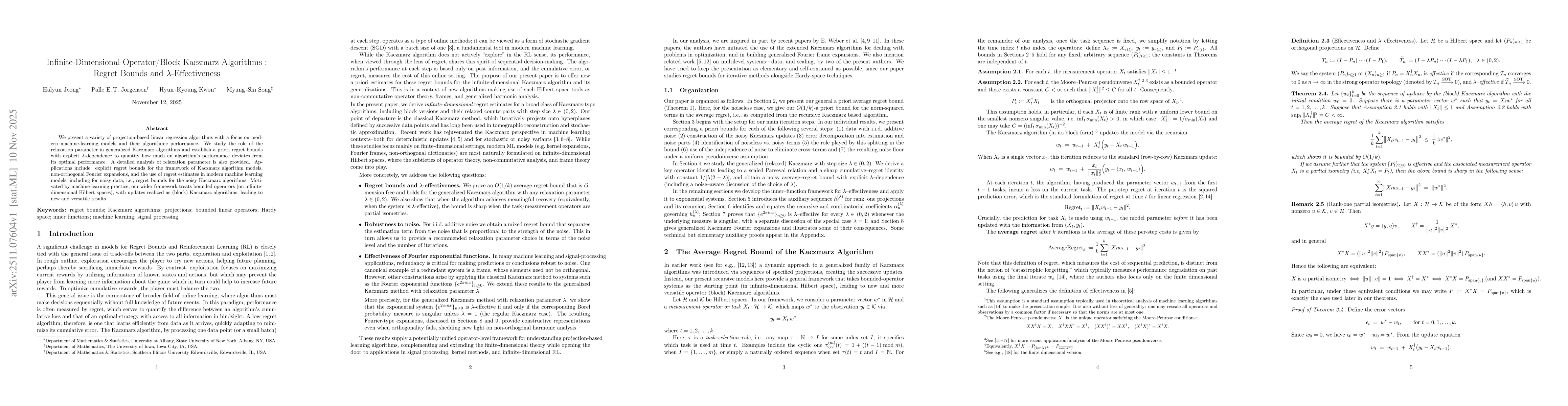 Thumbnail for Infinite-Dimensional Operator/Block Kaczmarz Algorithms: Regret Bounds and $λ$-Effectiveness