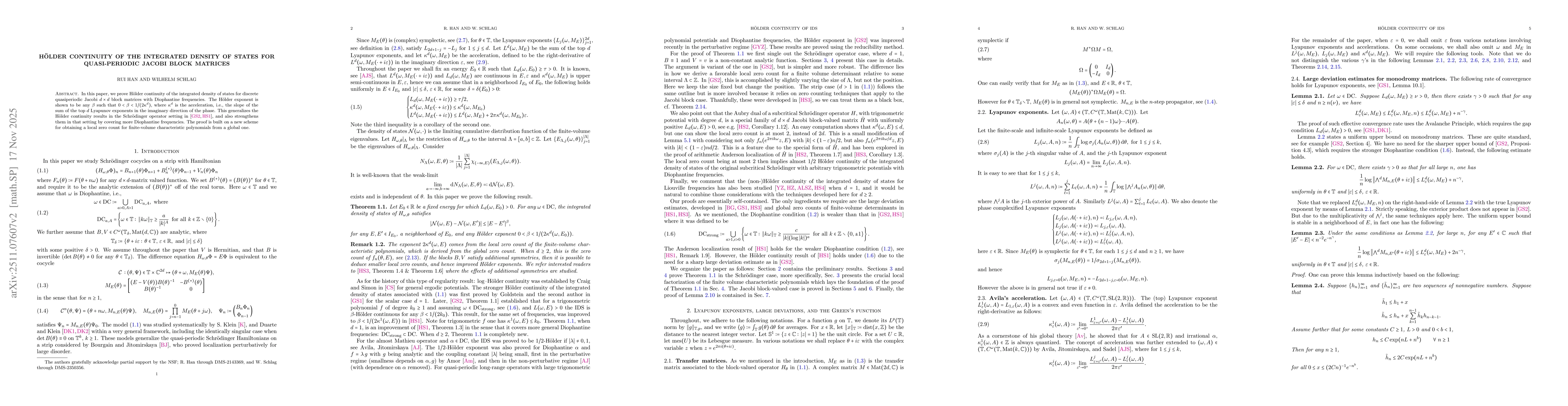 Thumbnail for Hölder continuity of the integrated density of states for quasi-periodic Jacobi block matrices
